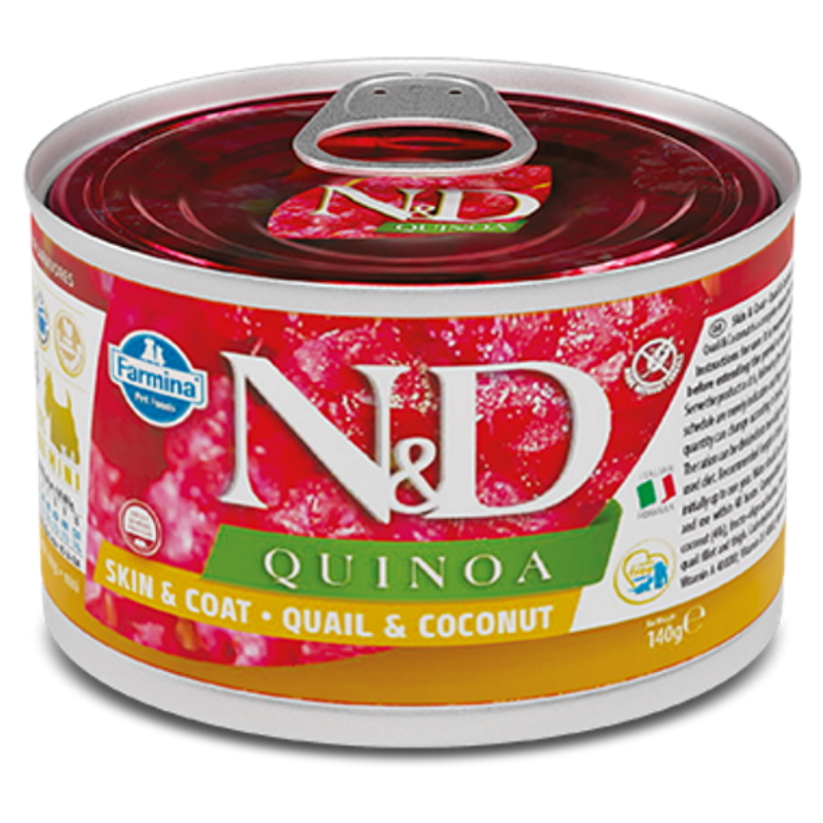 E-shop N&D Quinoa quail & coconut adult mini pro malá plemena psů 140 g