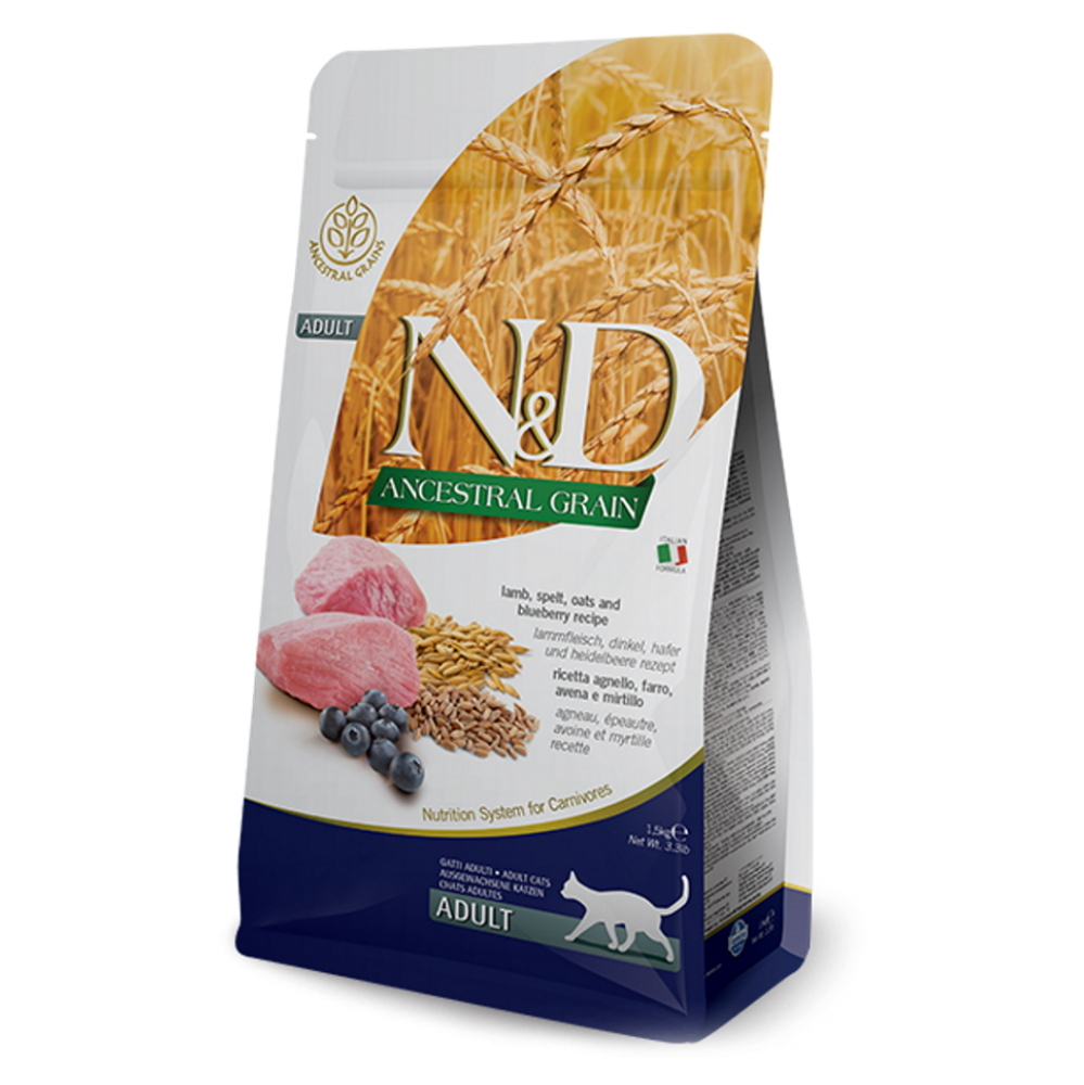 E-shop N&D Ancestral Grain Lamb & Blueberry Adult pro dospělé kočky 1,5 kg