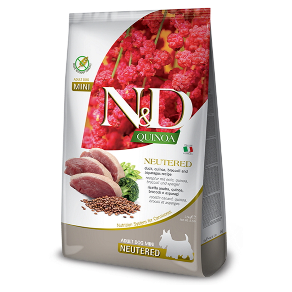 E-shop N&D Quinoa Neutered Duck & Broccoli & Asparagus Mini pro malá plemena psů 2,5 kg