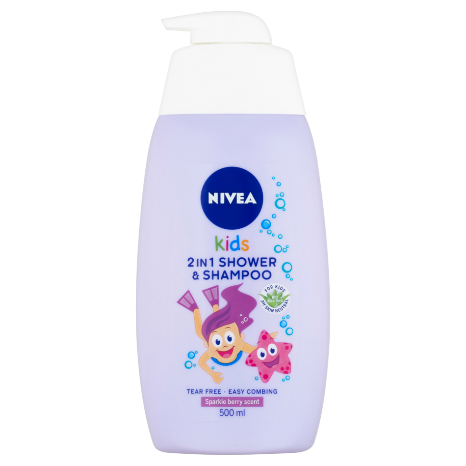 E-shop NIVEA Kids Dětský sprchový gel a šampon 2v1 s vůní lesního ovoce 500 ml