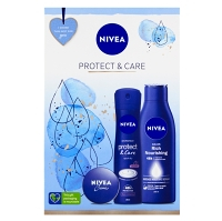 NIVEA Protect & Care Dárková sada -  tělové mléko Body Milk 250 ml +  Sprej antiperspirant Protect & Care 150 ml + Nivea Creme 30 ml