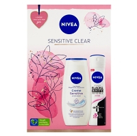 NIVEA Sensitive Clear Dárková sada - Sprej antiperspirant Black & White Invisible Clear 150 ml + Pečující sprchový gel Creme Sensitive 250 ml
