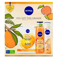 NIVEA You Got This Orange Dárková sada - textilní maska Q10 1 ks + sprchový gel Apricot Fresh Blends 300 ml + antiperspirant Orange Fresh Blends 150 ml