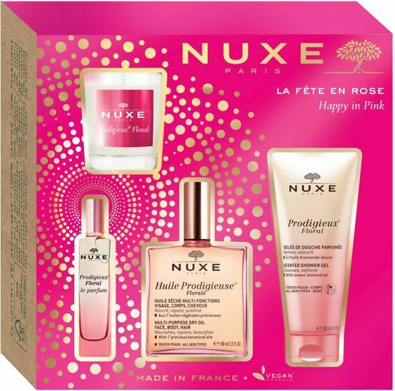 E-shop NUXE Happy in Pink Multifunkční olej 100 ml + sprchový gel 100 ml + parfémovaná voda 15 ml + vonná svíčka 70 g Dárkové balení
