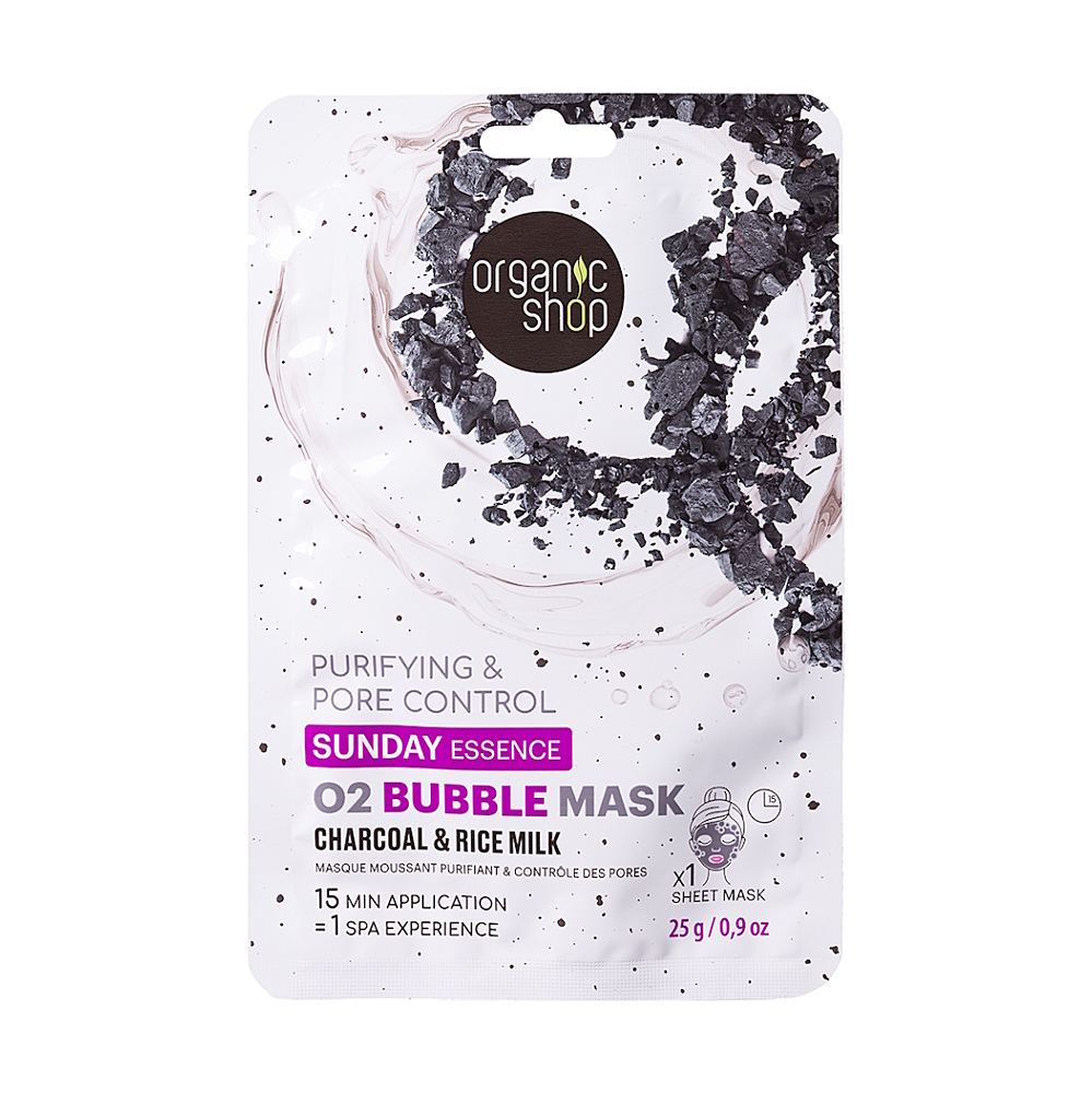 ORGANIC SHOP Plátýnková maska O2 Bubble s černým uhlím a rýžovým mlékem 1 ks
