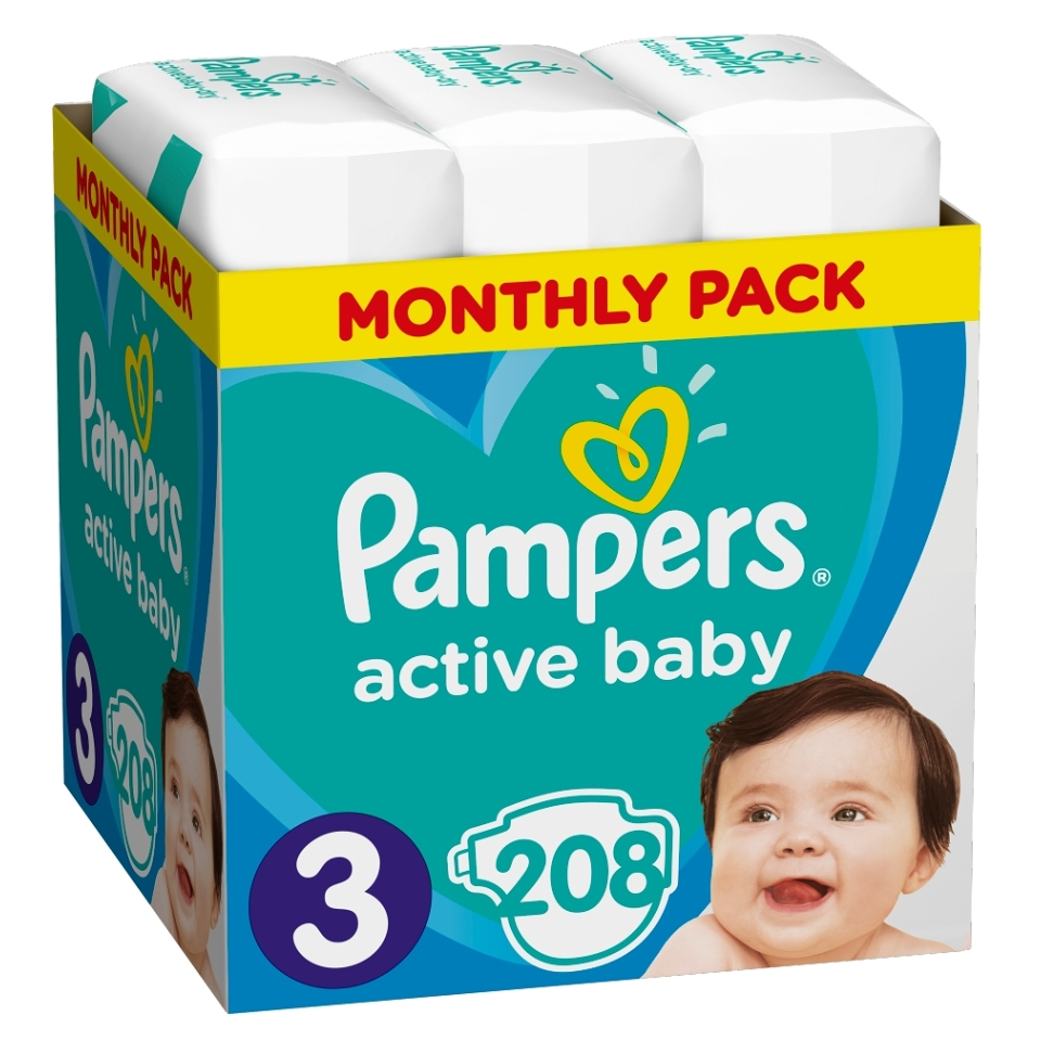 Fotografie PAMPERS Active Baby vel.3 Dětské plenky 6-10kg 208 ks Pampers