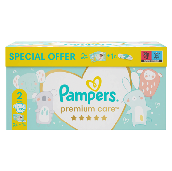 PAMPERS Toy Box Premium Care pleny S2 4-8 kg 136 ks + vlhčené ubrousky Pampers Aqua Pure