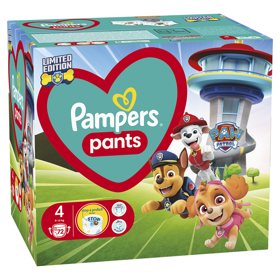 E-shop PAMPERS Baby dry edice Paw Patrol vel. 4 plenkové kalhotky 9-15 kg 72 ks