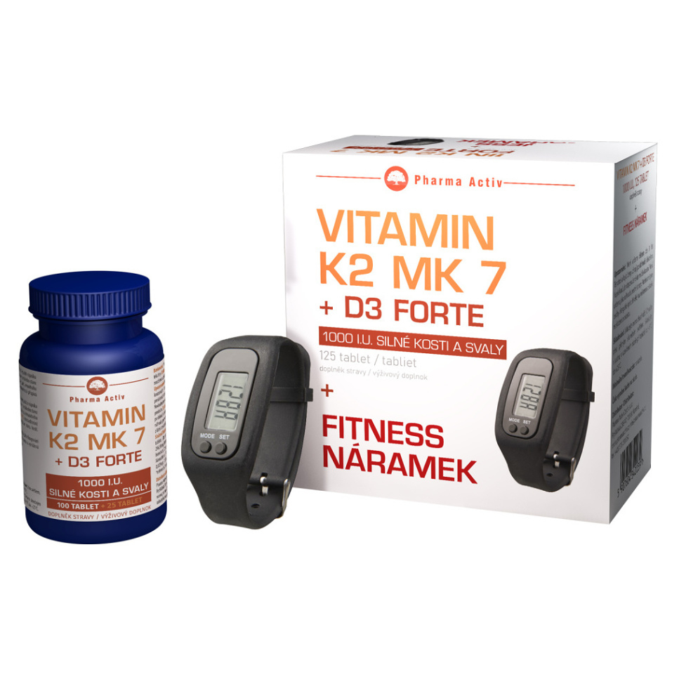 Levně PHARMA ACTIV Vitamín K2 MK 7 + D3 Forte 125 tablet + FITNESS náramek s krokoměrem