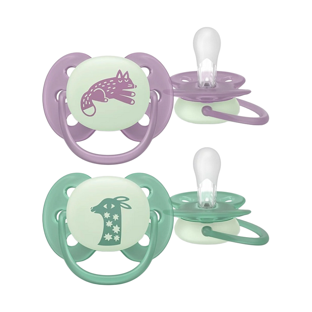 PHILIPS AVENT Dudlík ultrasoft noční 6-18m fialový a zelený 2 kusy