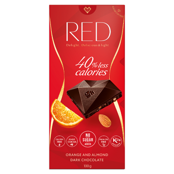 RED Hořká čokoláda s pomerančovou příchutí a mandlemi bez přidaného cukru 100 g