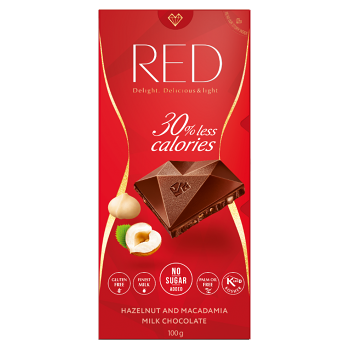 RED Mléčná čokoláda s makadamiovými a lískovými ořechy bez přidaného cukru 100 g