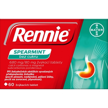 RENNIE Spearmint bez cukru  60 žvýkacích tablet (Pálení žáhy a překyselení) - Jednodruhové