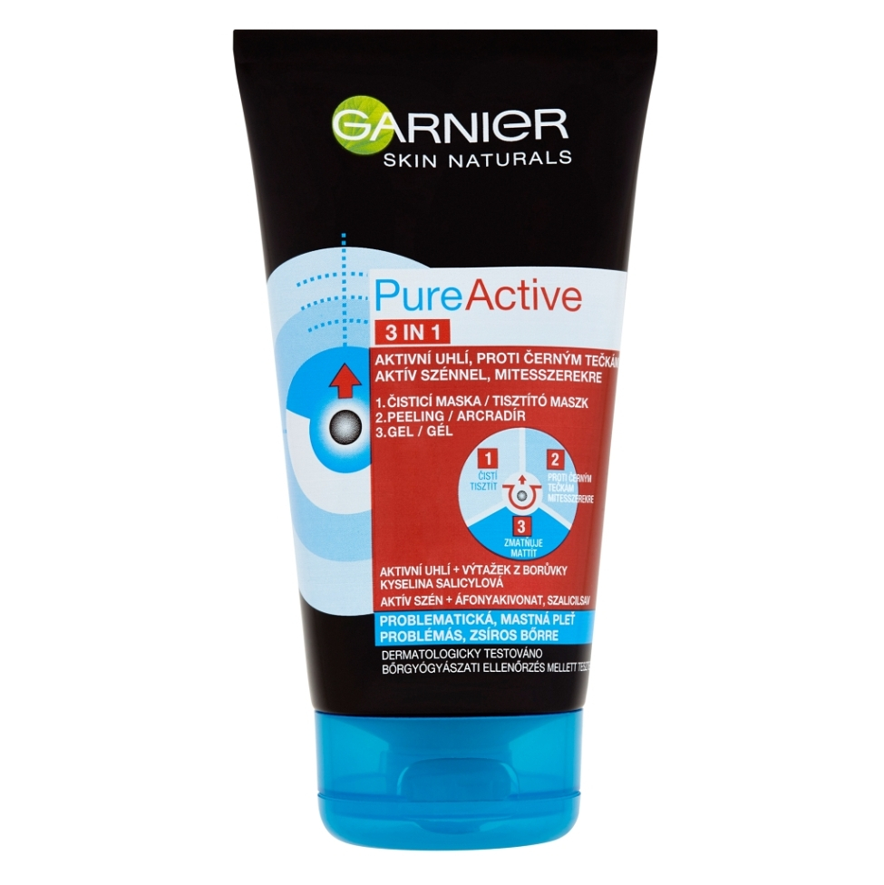 GARNIER Skin Naturals Pure Active 3v1 aktivní uhlí proti černým tečkám 150 ml
