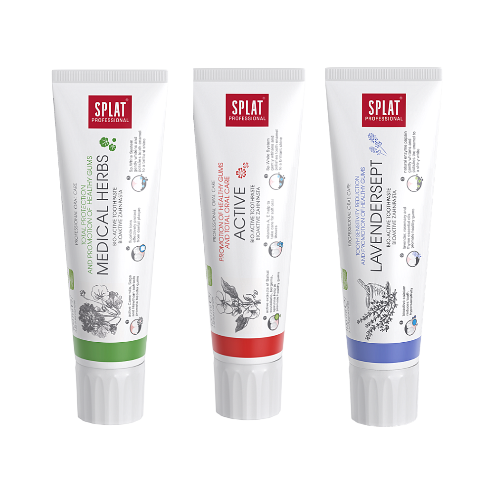 SPLAT Trio sada Professional Medical Herbs, Active, Lavendersept zubní pasty 3x100 ml