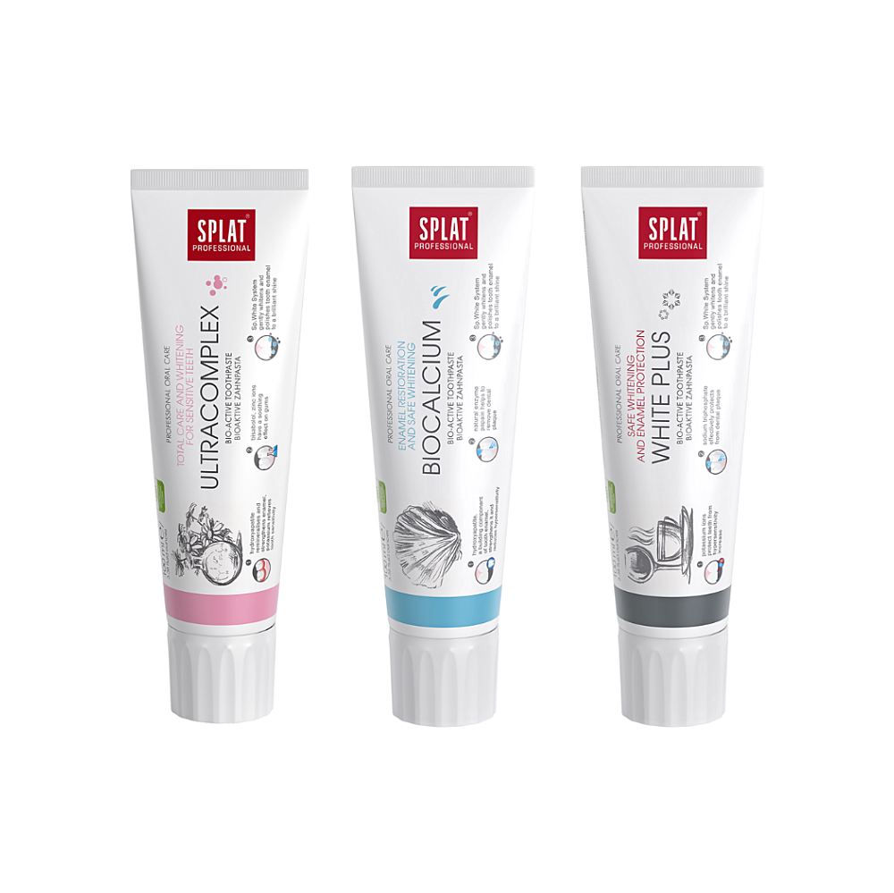 SPLAT Trio sada Professional Ultracomplex, Biocalcium, White Plus zubní pasty 3x100 ml