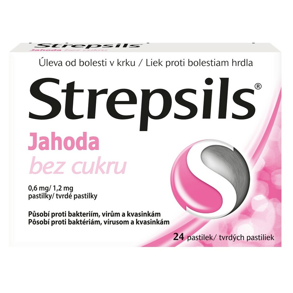 Levně STREPSIL Jahoda 0,6 mg/1.2 mg pastilky 24 kusů