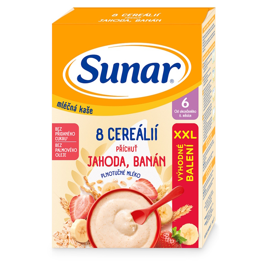 E-shop SUNAR Mléčná kaše 8 cereálií jahoda banán 6m+ 340 g