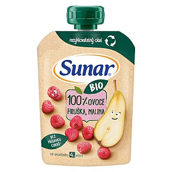 SUNAR Ovocná kapsička hruška, malina 4m+ BIO 100 g (Svačinové kapsičky) - BIO, Ekologické