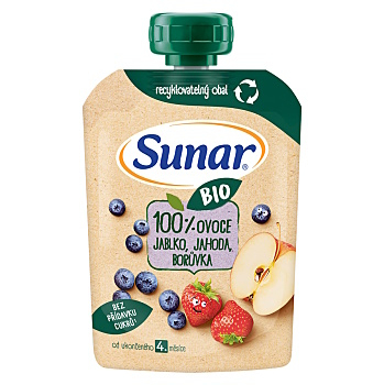 SUNAR Ovocná kapsička jablko, jahoda, borůvka 4m+ BIO 100 g (Svačinové kapsičky) - BIO