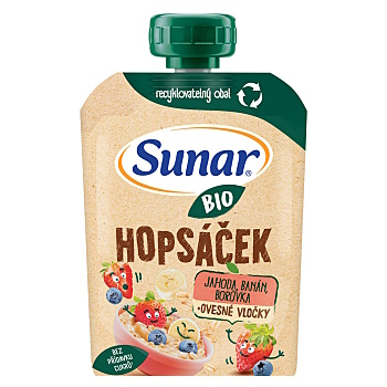 SUNAR Ovocná kapsička jahoda, banán, borůvka a ovesné vločky BIO 100 g (Ovocné přesnídávky) - BIO, Ekologické