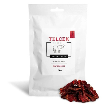 TELCEK Sušené hovězí chilli 50 g (Hovězí sušené maso) - Slané, RAW, Nízkosacharidové (Low Carb), Proteinové, Pálivé, pikantní, Přírodní, Do 65 % bílkovin