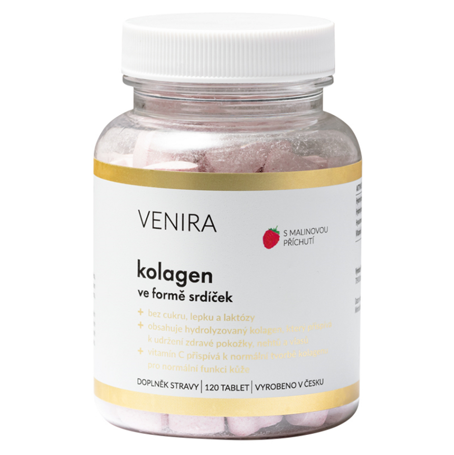E-shop VENIRA Kolagen ve formě srdíček s malinovou příchutí 120 cucacích tablet