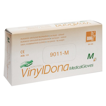 DONA Rukavice vyšetřovací vinyl bezprašné velikost M 100 kusů (Jednorázové vyšetřovací rukavice) - Chirurgické nesterilní, Jednorázové, Nepudrované