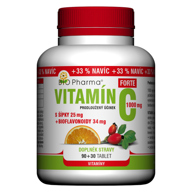 Levně BIO PHARMA Vitamín C 1000 mg forte + šípky 25 mg + bioflavonoidy 34 mg 90+30 tablet