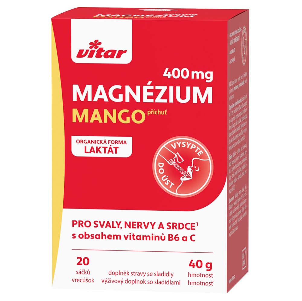 VITAR Magnézium 400 mg + vitamín B6 + vitamín C s příchutí mango 20 sáčků, poškozený obal
