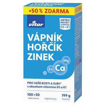 VITAR Vápník + hořčík + zinek + vitamín D3 + K1 150 tablet, poškozený obal