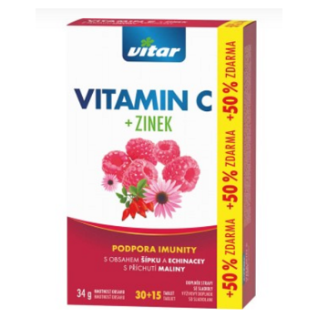 VITAR Vitamin C + zinek + echinacea + šípek s příchutí maliny 30+15 tablet