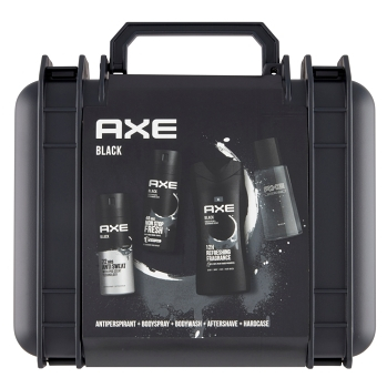 AXE  Black antiperspirant, deodorant, sprchový gel, voda po holení 150 ml + 150 ml + 400 ml + 100 ml dírkové balení v kufříku, poškozený obal