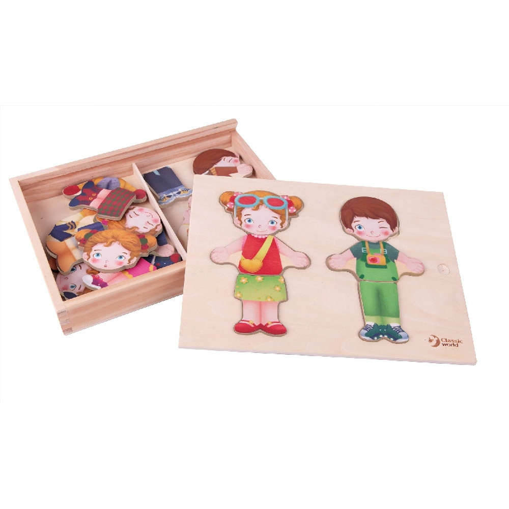 Levně TEDDIES Vkládačka oblékání dřevo holka/kluk ve fólii 25 x 19 x 3,5 cm 26 ks