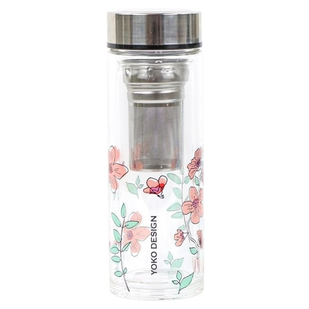 YOKO Design skleněná láhev se sítkem na čaj růžová 350 ml